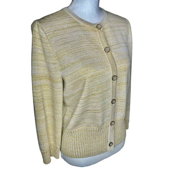 St. John Knitted Button Down Wool Beige Gold Metallic Sweater Cardigan Sz M - Picture 3 of 8